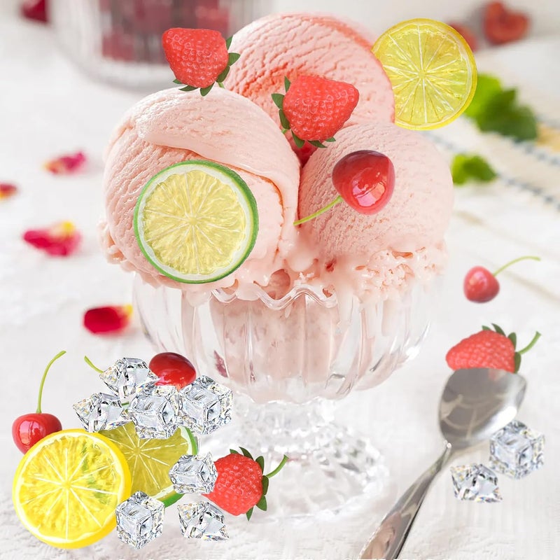 Chewarelly 70 Pcs Fake Fruits Ice Cube Set, Include 10 Artificial Lemon Slice 10 Simulation Cherries 5 Fake Strawberry 45 Fake Crushed Ice and Ice Cubes for Home Kitchen Decoration - Image 3