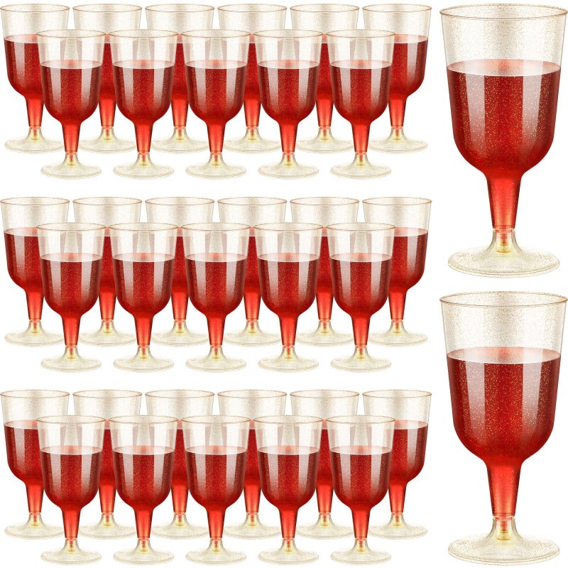 Meanplan 100 Pcs Plastic Wine Glasses with Stem 6oz Plastic Wine Cups for Parties Disposable Stackable, Wedding Picnics(Glitter Style,Gold) - Image 1