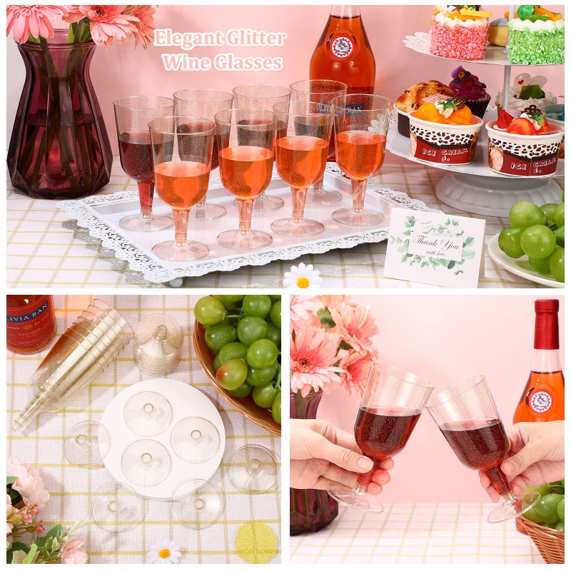 Meanplan 100 Pcs Plastic Wine Glasses with Stem 6oz Plastic Wine Cups for Parties Disposable Stackable, Wedding Picnics(Glitter Style,Gold) - Image 5