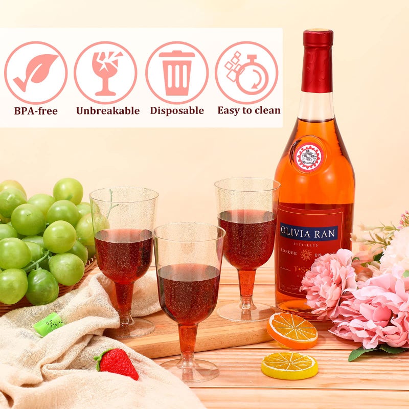Meanplan 100 Pcs Plastic Wine Glasses with Stem 6oz Plastic Wine Cups for Parties Disposable Stackable, Wedding Picnics(Glitter Style,Gold) - Image 4