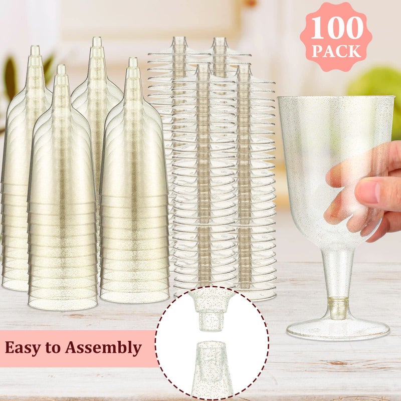 Meanplan 100 Pcs Plastic Wine Glasses with Stem 6oz Plastic Wine Cups for Parties Disposable Stackable, Wedding Picnics(Glitter Style,Gold) - Image 2