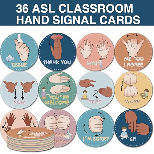 YIYDONG ASL Classroom Hand Signal Cards 36 Classroom Hand Signal Decor Sign Language Posters for Teachers Students Visual Cues Boho - Image 3