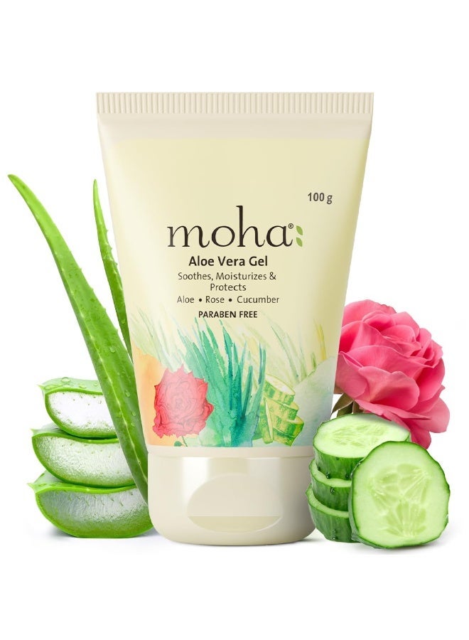Moha: Aloe Vera Gel for Face, Skin & Hair | Pure Aloe Vera Gel with Rose & Cucumber | Hydrates, Soothes, Moisturise & Repairs Skin Naturally | Strengthens Hair & Calms Scalp | Lightweight, Non-Sticky Organic Gel Formula - 100 gm (Pack of 1) - Image 1