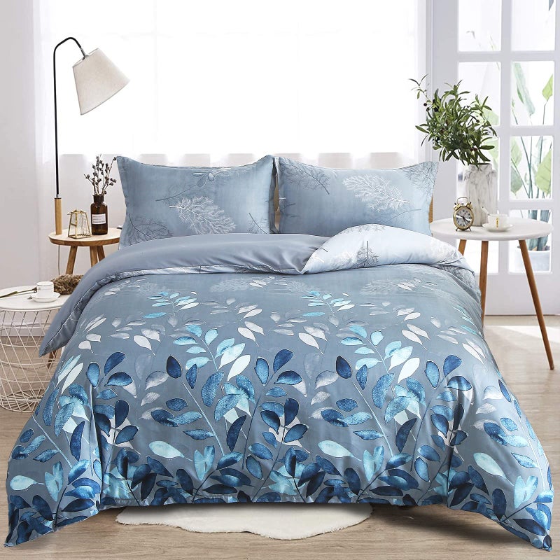Floral Duvet Cover King Blue Leaves Bedding Set Reversible Lightweight Bedding Sets 3pcs with Zipper Closure King 220x230cm