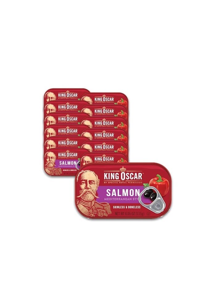 KING OSCAR سمك السلمون الأطلسي بدون جلد وعظام من كينغ أوسكار في زيت الزيتون على الطريقة المتوسطية 405 أونصة علب عبوة من 12 سمكة معلبة - Image 1