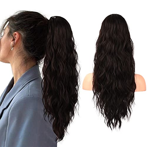 Flufymooz Ponytail Extension, 22 Inch Drawstring Ponytail Hair Extensions for Womenï¼Œ Long Curly Wavy Pony Tail Natural Wavy Synthetic Hairpiece for Women Daily Use party (22 Inch Black Brown) - Image 1