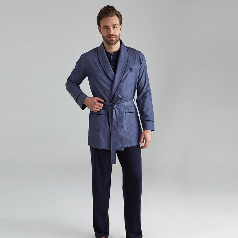 U.S. Polo Assn. Men's Groom's Dowry Pajamas Set Robe Navy Blue 12000  - Image 1