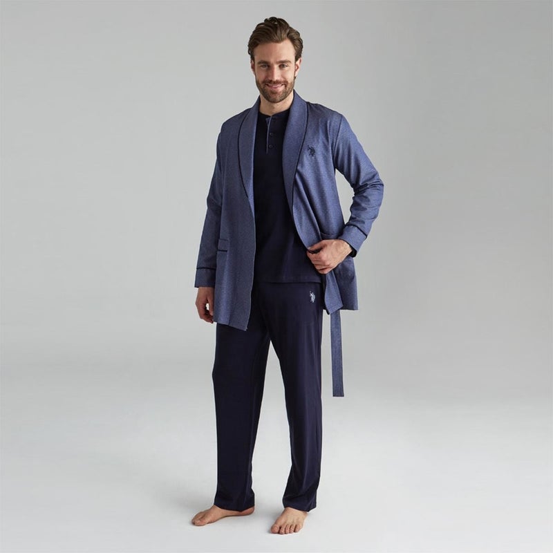 U.S. Polo Assn. Men's Groom's Dowry Pajamas Set Robe Navy Blue 12000  - Image 2