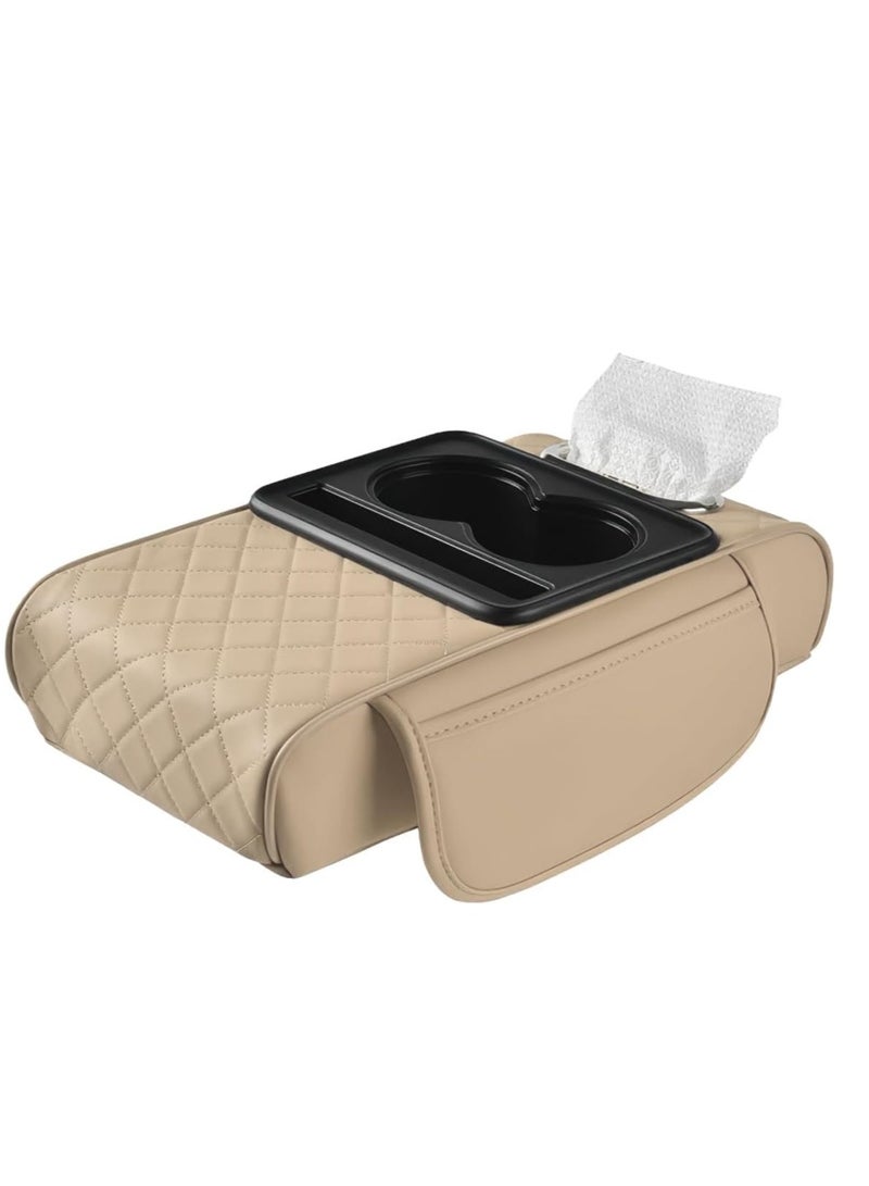 Soofam Auto Center Console Armrest Pillow, 5-in-1 Center Console Cover with Cup Holder, Tissue Box Slot, Mobile Phone Storage Slot, Suitable for Most Car Center Console Storage Boxes (Beige) - Image 1
