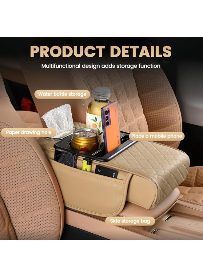 Soofam Auto Center Console Armrest Pillow, 5-in-1 Center Console Cover with Cup Holder, Tissue Box Slot, Mobile Phone Storage Slot, Suitable for Most Car Center Console Storage Boxes (Beige) - Image 4