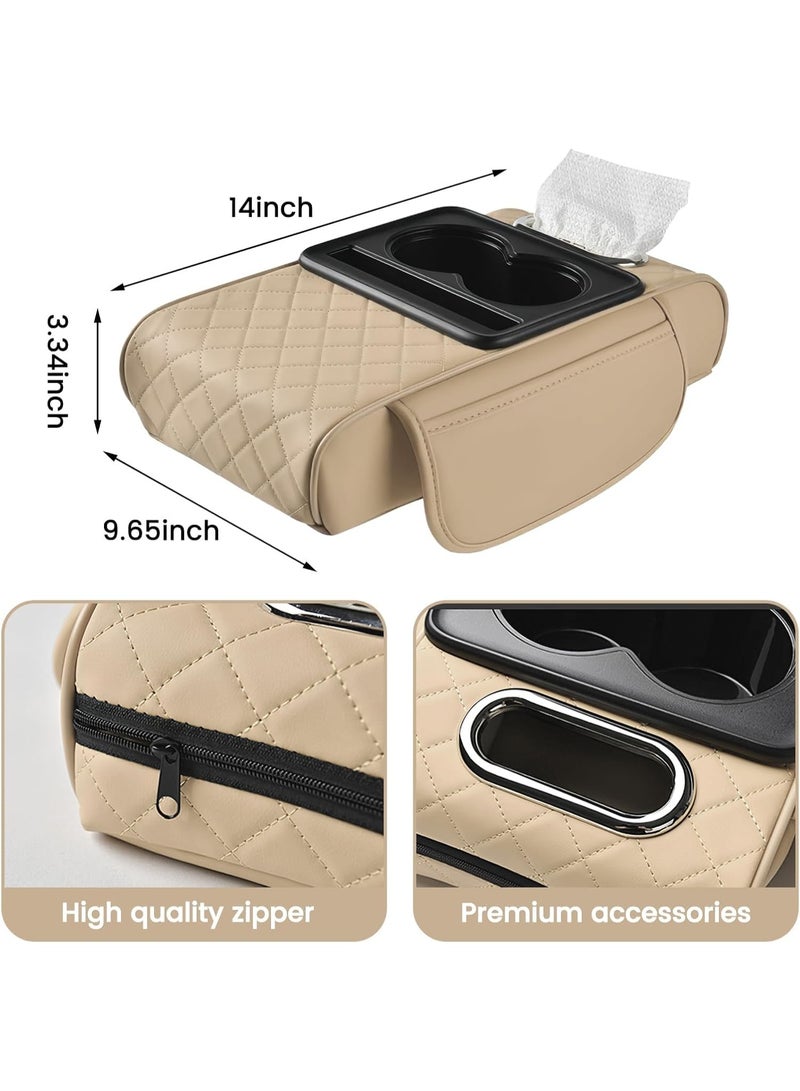 Soofam Auto Center Console Armrest Pillow, 5-in-1 Center Console Cover with Cup Holder, Tissue Box Slot, Mobile Phone Storage Slot, Suitable for Most Car Center Console Storage Boxes (Beige) - Image 2