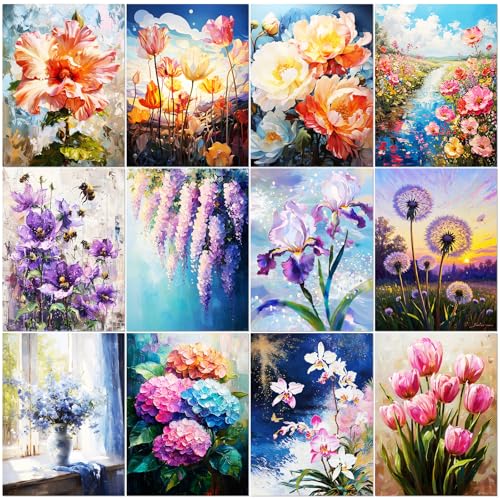 BWFY 12 Pack Diamond Art Kits for Adults5D Diamond Painting Kits for AdultsFlower Series Paint with Numbers Diamonds for Home Wall Decor Festival Gift 12x16 Inch - Image 1