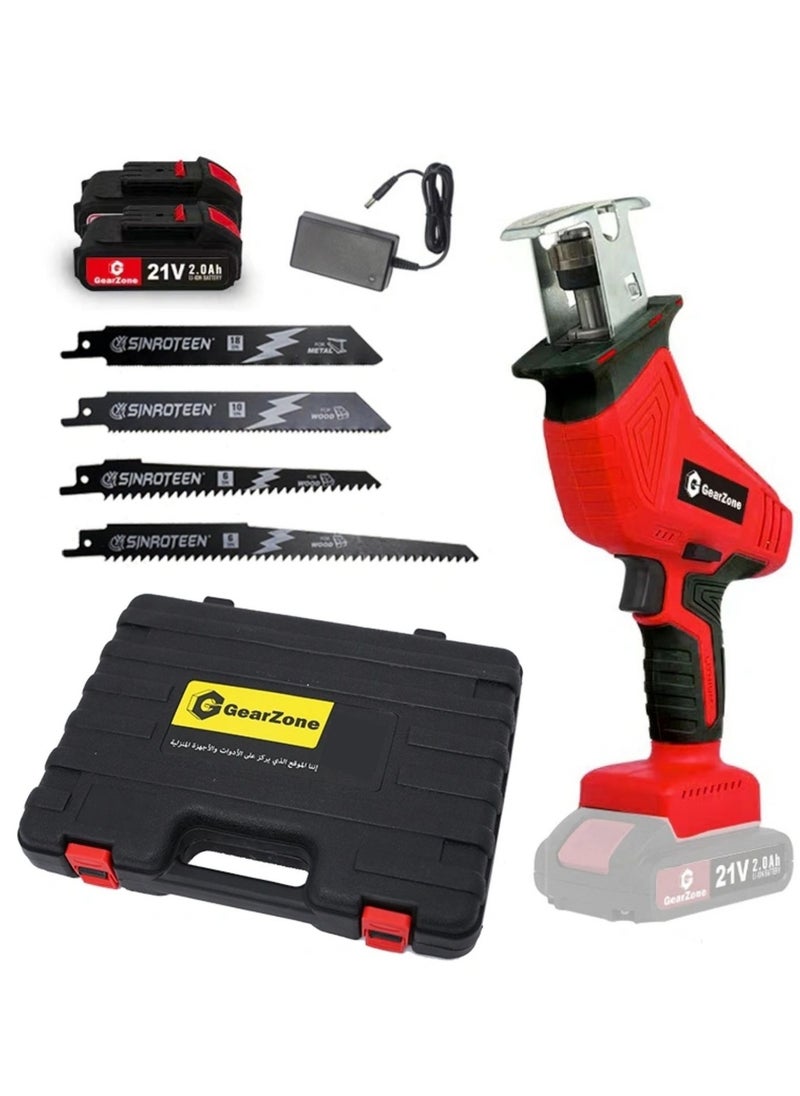 GearZone 21V Wireless Reciprocating Saw, with 4 Saw Blades and 2 Batteries for Cutting Wood/Metal/Bone/Plastic Pipe  - Image 1