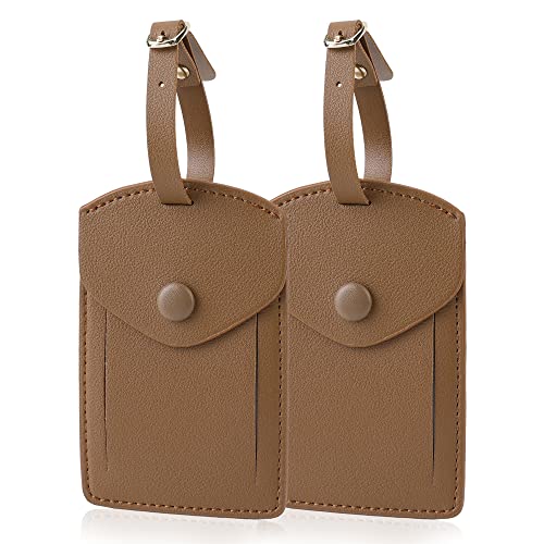 VANTOO Kevancho Leather Smart Luggage Tags for Men Women, Suitcase Labels Baggage Tote Bag Tag ID Tags with Full Back Privacy Cover for Carnival Cruise Ships, Travel Accessories Tags Set of 2 PCS (Tan) - Image 1