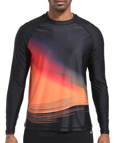 VAYAGER Men's Swim Shirts UPF 50+ Rash Guard Long Sleeve Quick Dry T-Shirt Loose Fit Water Fishing UV Protection Shirts(Black-Orange L) - Image 1