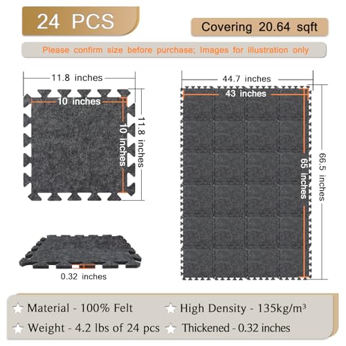 BXI Soundproof Interlocking Carpet Tiles Squares 24 Pcs 11 x 11 x 032 inches Peel and Stick Flooring Tiles High Density NonSlip Noise Reduction Puzzle Felt Protects Hardwood Floors Adds Cushion - Image 3