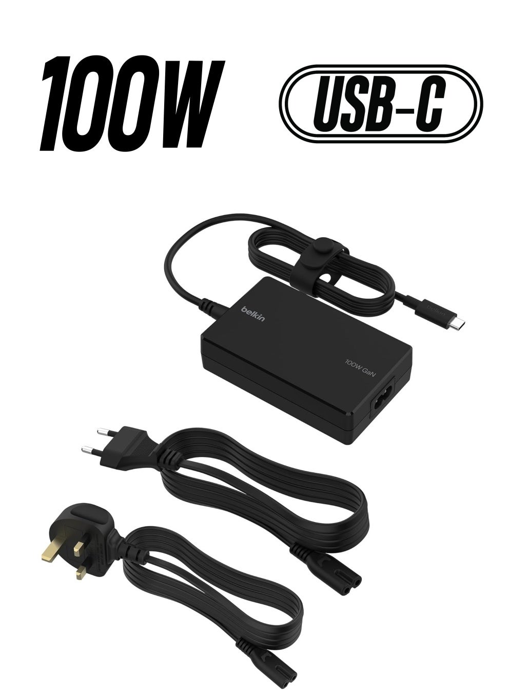 Connect 100W USB-C Core GaN Power Adapter, Fast-Charging Adapter with Universal USB-C Compatibility, 100W Power Delivery, UK and EU Power Cords for Gaming, MacBook, PC Laptops, And Chromebook Black