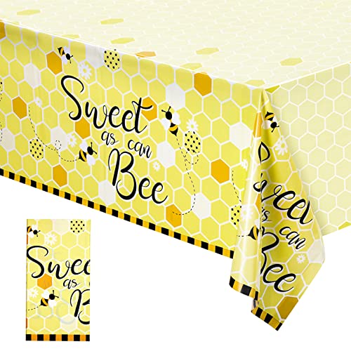 Tatuo 1 Packs Bee Plastic Tablecloths 54 x 108 Inches Sweet as Can Bee Decorative Table Cover Honey Party Tablecloth Set for Birthday Baby Shower Gender Reveal Party Decorations - Image 1