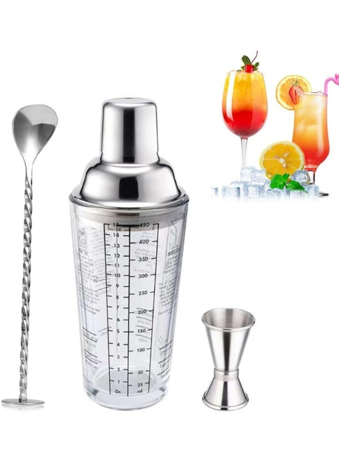 3-Piece Glass Cocktail Shaker Set 400ml, Transparent Glass Shaker with Stainless Steel Lid, Includes Measuring Jigger and Mixing Spoon, Ideal for Home and Bar Use - Image 1