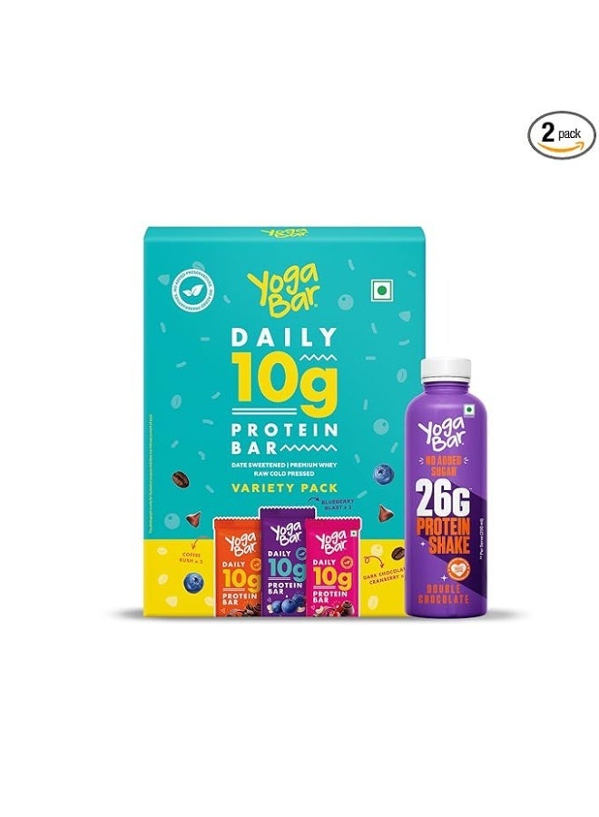 Yogabar Daily Protein Bar Variety Pack, 10g Protein, with Free Protein Shake of 250 ml, Premium Whey - Image 1