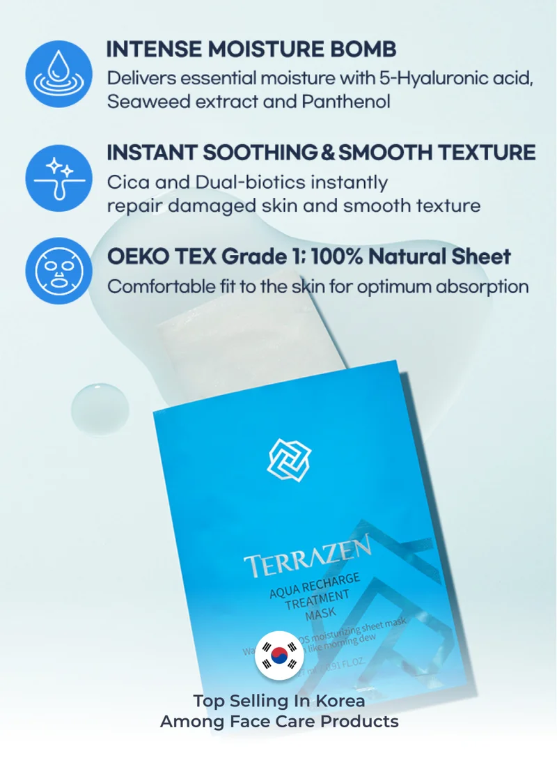 Terrazen AQUA Korean Face Sheet Mask with Hyaluronic Acid 30 Sheet Pack - Natural Beauty Skincare For All Skin Types - Hydrating & Moisturizing for Sensitive Skin