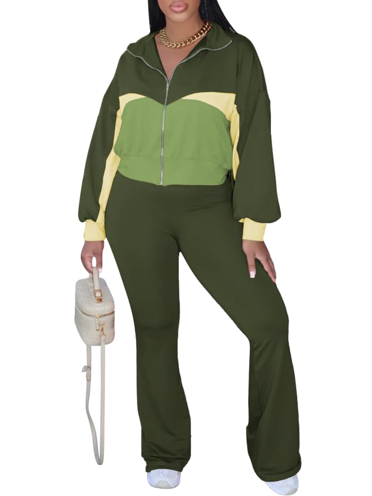 HBQ Women's Color Block 2 Piece Tracksuit Sets Long Sleeve Zip Up Crop Jacket and Flare Pants Casual Y2K Outfit-Army Green-L - Image 1