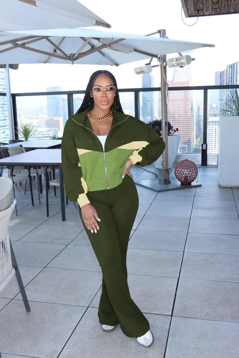 HBQ Women's Color Block 2 Piece Tracksuit Sets Long Sleeve Zip Up Crop Jacket and Flare Pants Casual Y2K Outfit-Army Green-L - Image 2