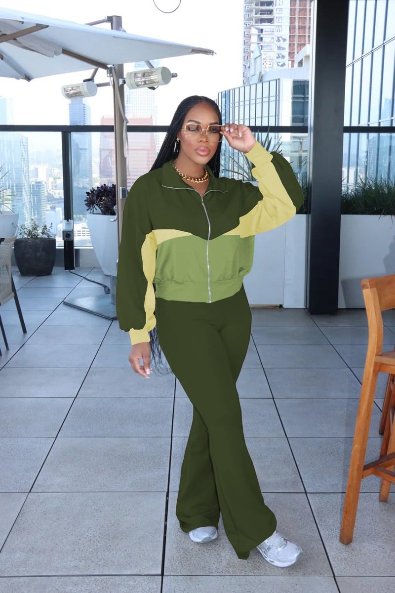 HBQ Women's Color Block 2 Piece Tracksuit Sets Long Sleeve Zip Up Crop Jacket and Flare Pants Casual Y2K Outfit-Army Green-L - Image 3