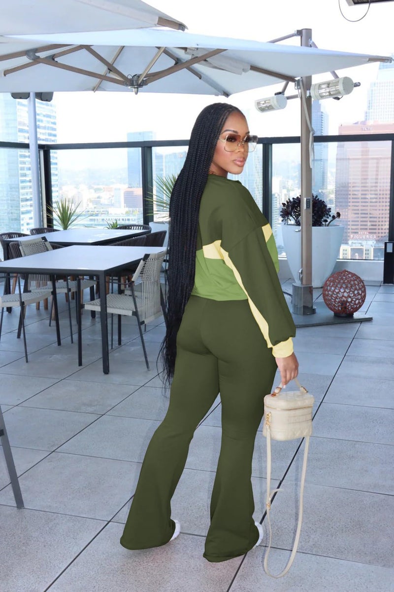HBQ Women's Color Block 2 Piece Tracksuit Sets Long Sleeve Zip Up Crop Jacket and Flare Pants Casual Y2K Outfit-Army Green-L - Image 4