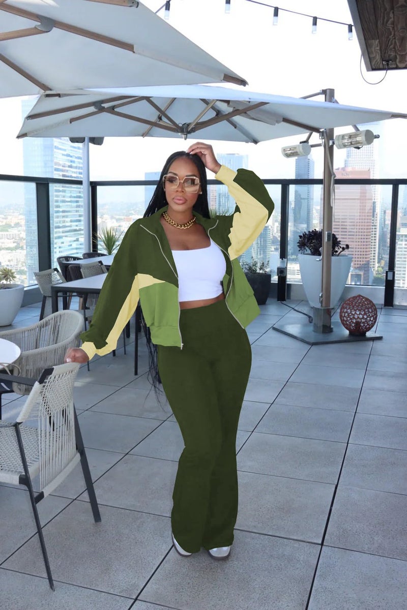 HBQ Women's Color Block 2 Piece Tracksuit Sets Long Sleeve Zip Up Crop Jacket and Flare Pants Casual Y2K Outfit-Army Green-L - Image 5