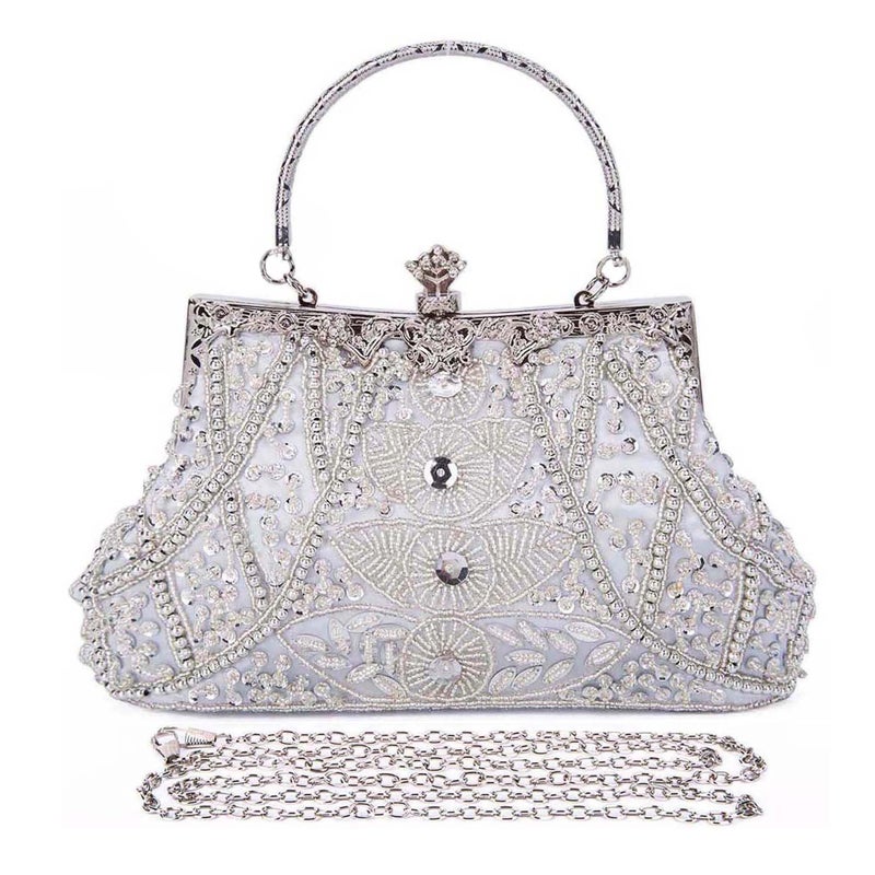 Selighting 1920s Vintage Beaded Clutch Evening Bags for Women Formal Bridal Wedding Clutch Purse Prom Cocktail Party Handbags Silver - Image 1