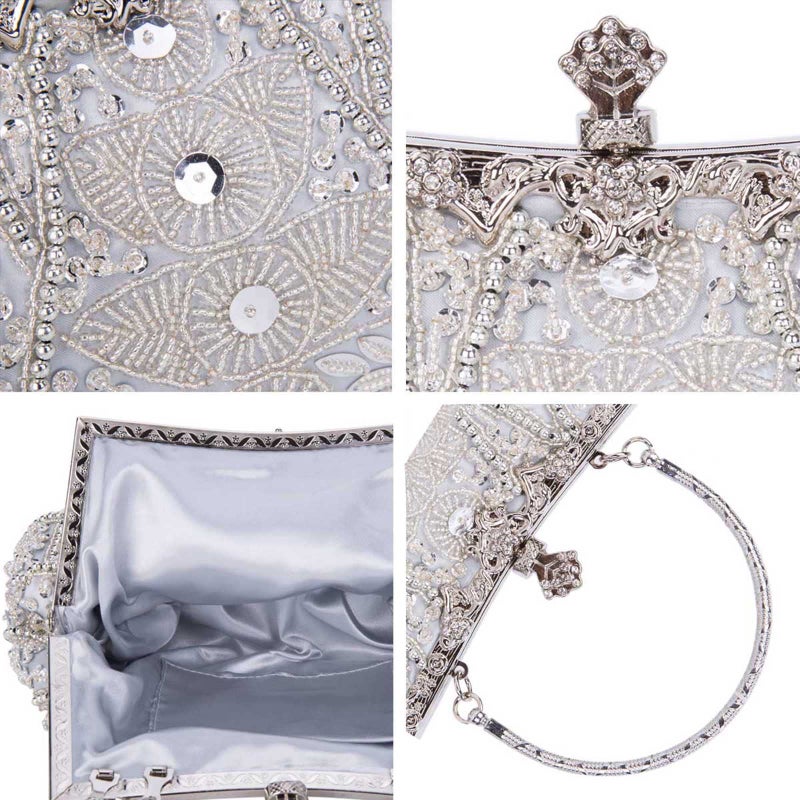 Selighting 1920s Vintage Beaded Clutch Evening Bags for Women Formal Bridal Wedding Clutch Purse Prom Cocktail Party Handbags Silver - Image 5