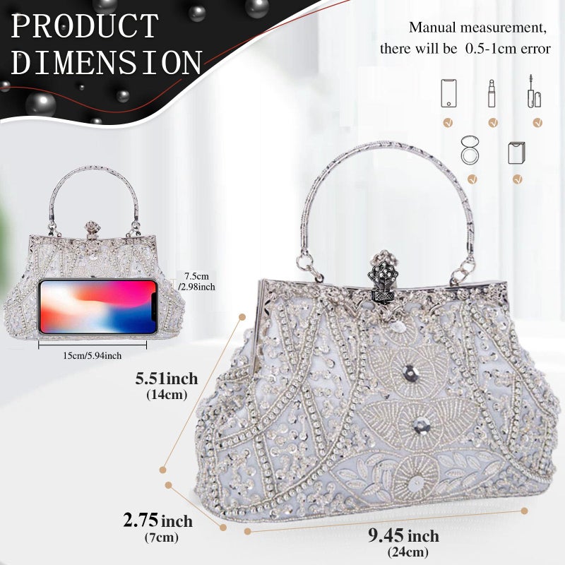 Selighting 1920s Vintage Beaded Clutch Evening Bags for Women Formal Bridal Wedding Clutch Purse Prom Cocktail Party Handbags Silver - Image 3