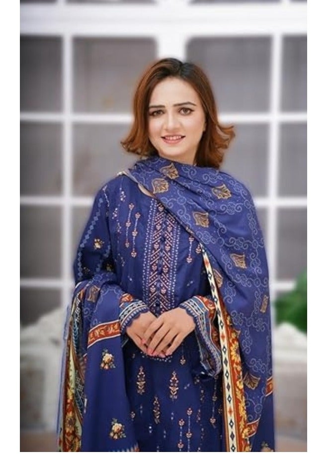 وينشيلز بدلة باكستانية تقليدية من ثلاث قطع - أزرق ملكي بطبعة زهور، وتصميم حافة مطرزة، ووشاح - كبير - Image 3