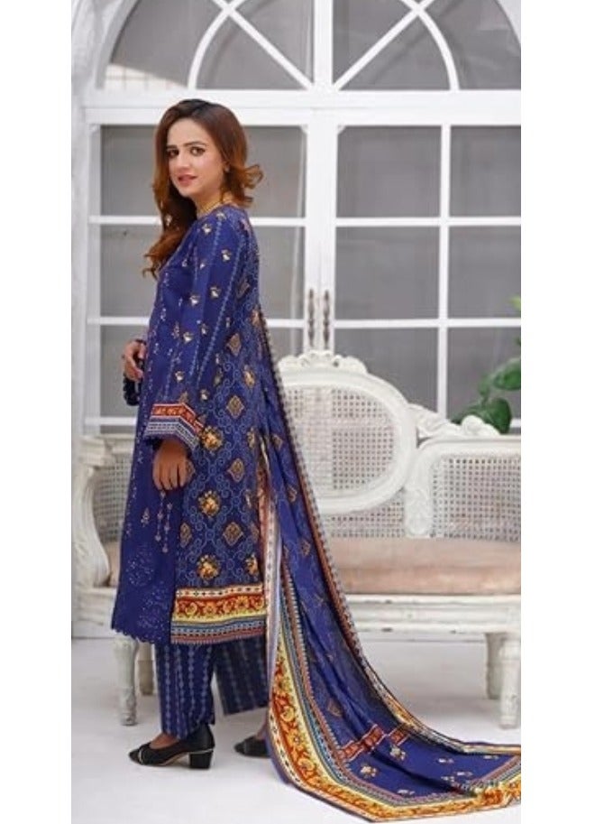 وينشيلز بدلة باكستانية تقليدية من ثلاث قطع - أزرق ملكي بطبعة زهور، وتصميم حافة مطرزة، ووشاح - كبير - Image 2