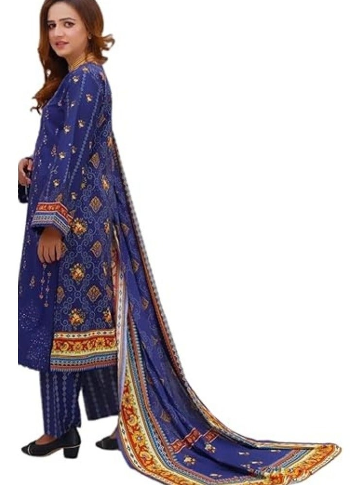 وينشيلز بدلة باكستانية تقليدية من ثلاث قطع - أزرق ملكي بطبعة زهور، وتصميم حافة مطرزة، ووشاح - كبير - Image 1