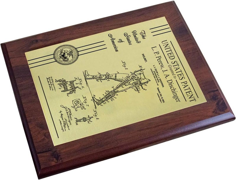 PlaqueMaker Personalized Patent Plaque, Appreciation Gift for Inventors, Patent Holders, Work Team, or Boss (10.5" x 13", Gold Metal, Coated Cherry Board) - Image 1