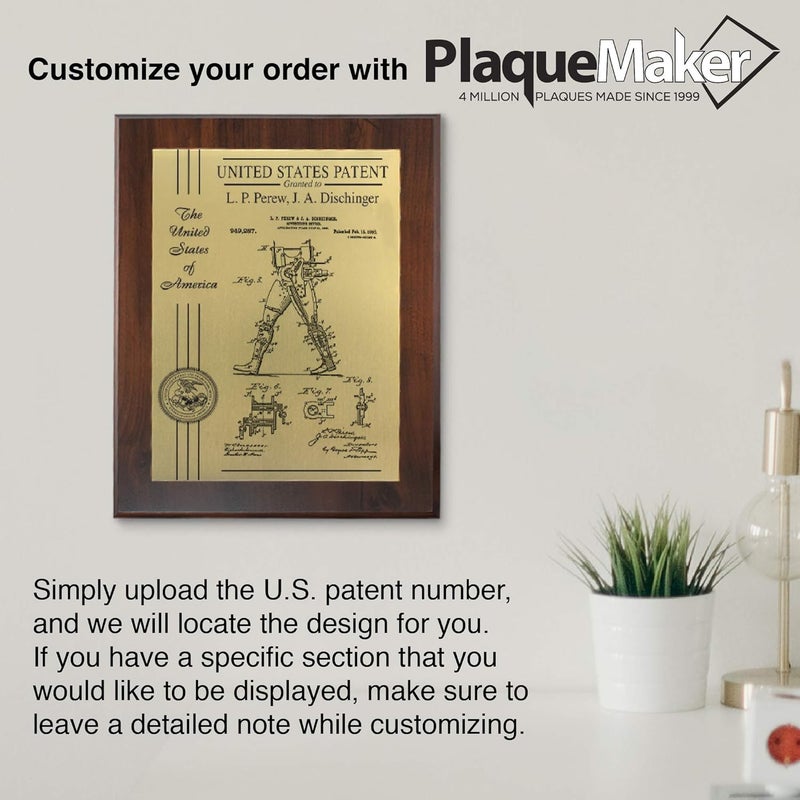 PlaqueMaker Personalized Patent Plaque, Appreciation Gift for Inventors, Patent Holders, Work Team, or Boss (10.5" x 13", Gold Metal, Coated Cherry Board) - Image 4