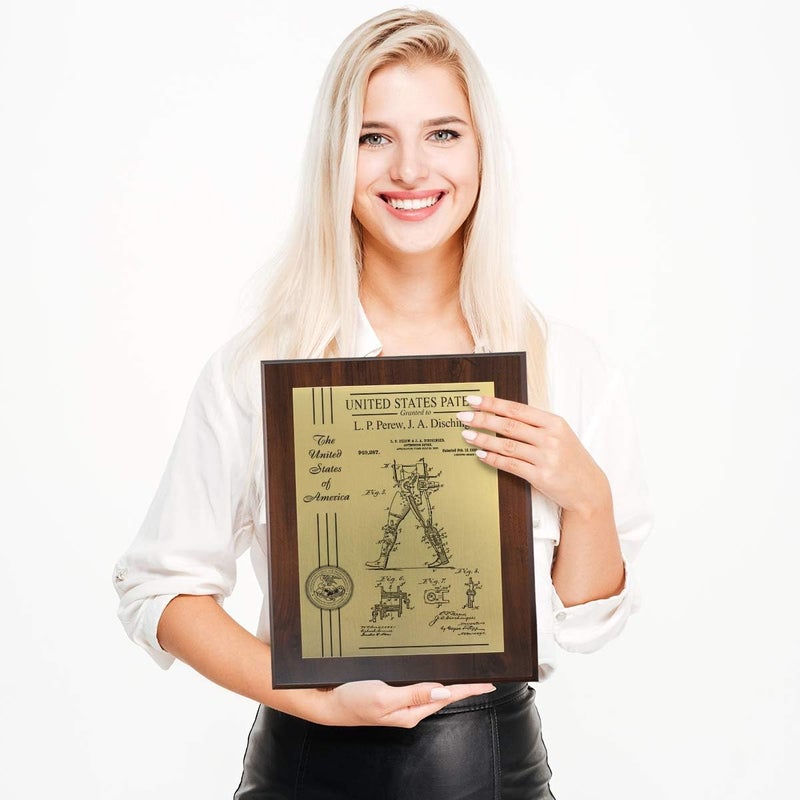 PlaqueMaker Personalized Patent Plaque, Appreciation Gift for Inventors, Patent Holders, Work Team, or Boss (10.5" x 13", Gold Metal, Coated Cherry Board) - Image 2