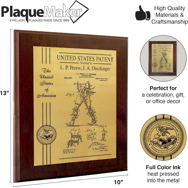 PlaqueMaker Personalized Patent Plaque, Appreciation Gift for Inventors, Patent Holders, Work Team, or Boss (10.5" x 13", Gold Metal, Coated Cherry Board) - Image 5