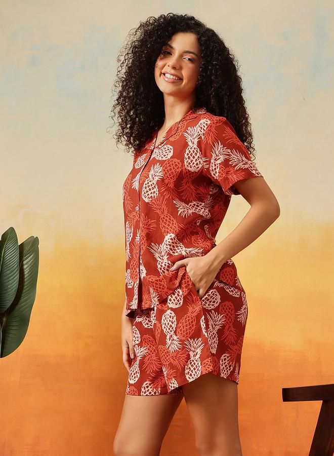 Clovia Fruit Print Button Down Shirt and Shorts Set - Image 3