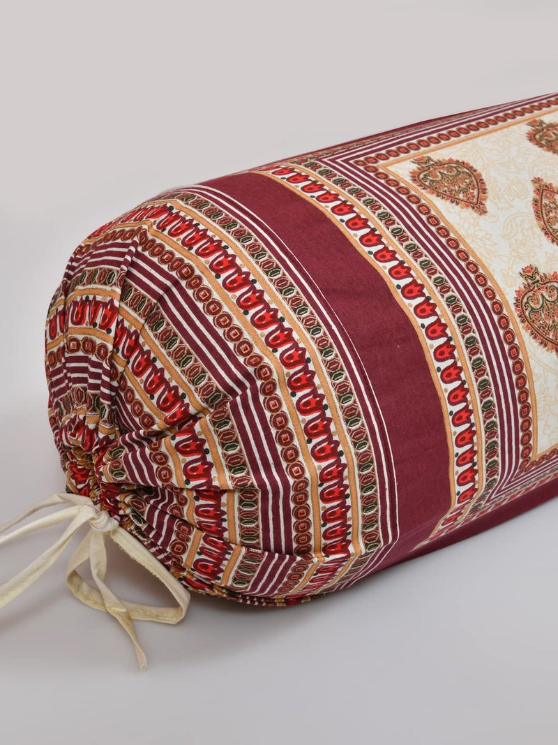 Clasiko® Cotton Bolster Covers; Set of 2; 220 TC; Golden Maroon Small Motifs; 30x15 Inches - Image 3