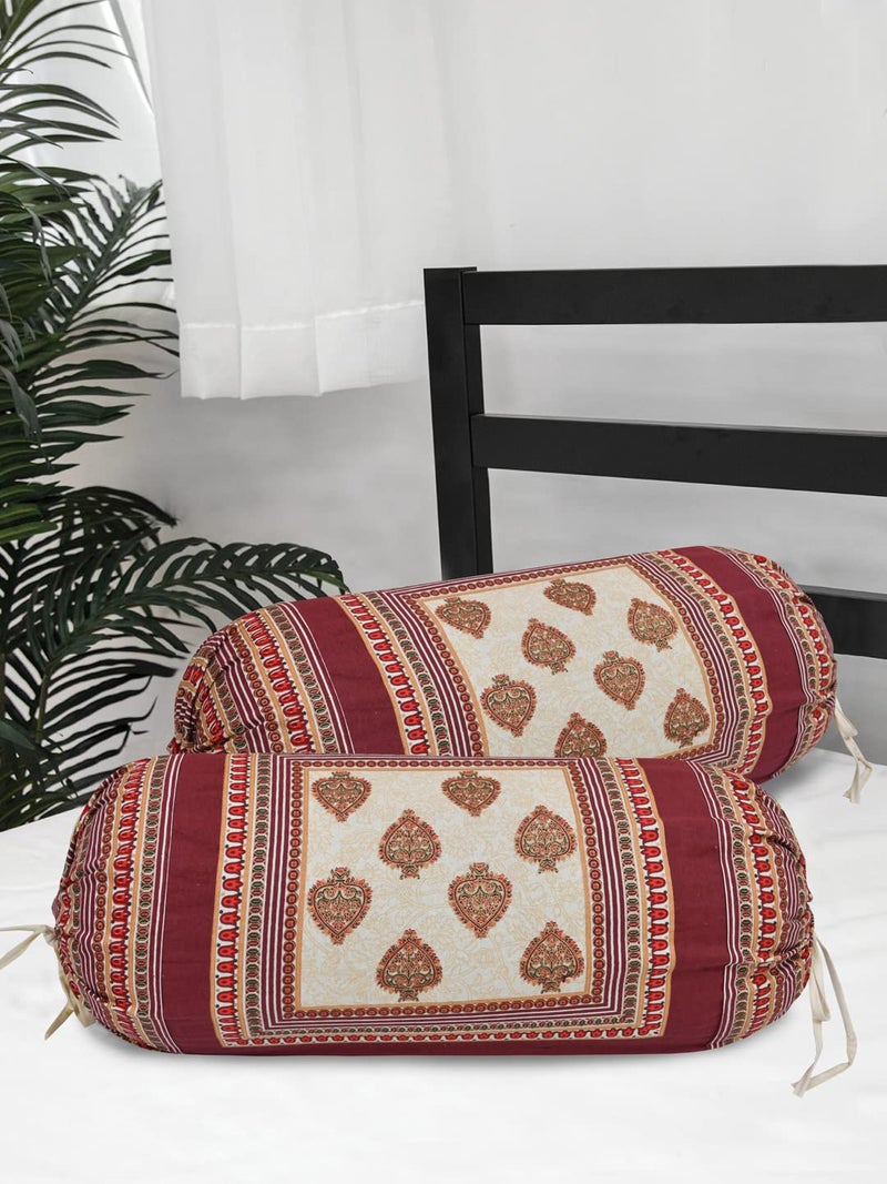 Clasiko® Cotton Bolster Covers; Set of 2; 220 TC; Golden Maroon Small Motifs; 30x15 Inches - Image 5
