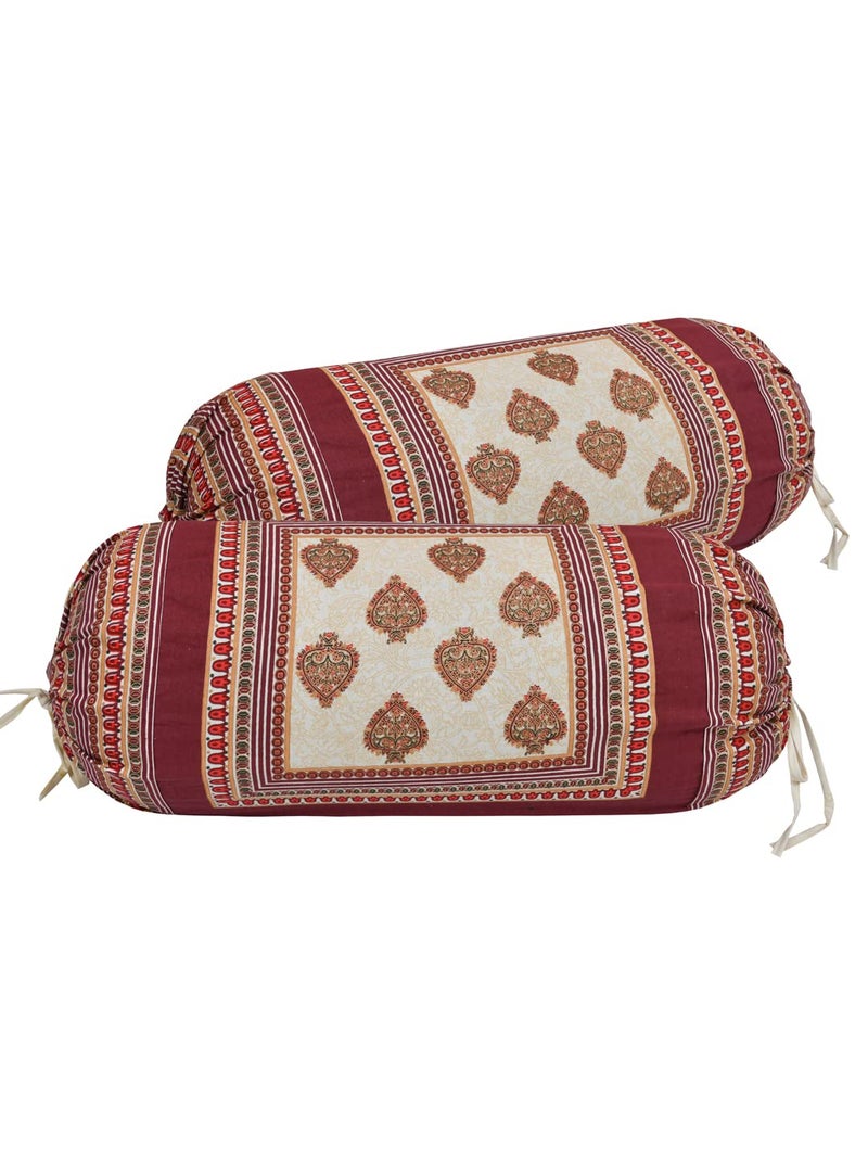 Clasiko® Cotton Bolster Covers; Set of 2; 220 TC; Golden Maroon Small Motifs; 30x15 Inches - Image 2
