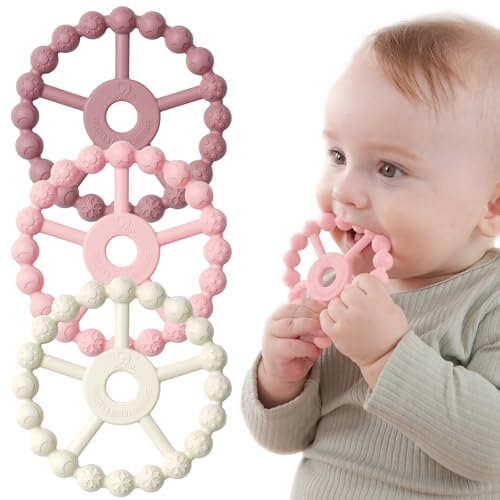 Seposeve 3 Pack Ring Teether Baby Infant Toys, Baby Essentials, Silicone Teething Ring Toys for Babies 6 Months, Seposeve Toddler Teethers 6-12 Months 12-24 Months, Infant Teething Relief, Purple Pink White - Image 1