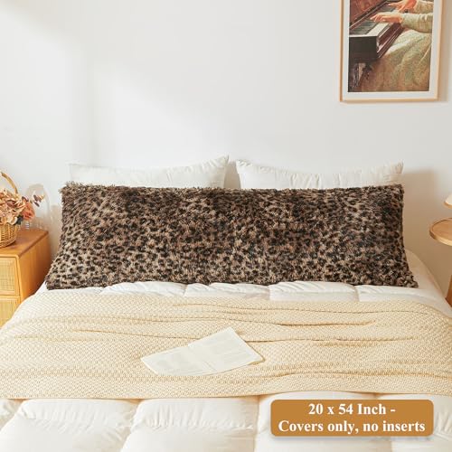 XeGe Fluffy Faux Fur Leopard Print Body Pillow Cover 20x54 Fuzzy Cheetah Print Body Pillowcase with Zipper Plush Furry Long Bed Bolster Pillow Cover for Pregnant Women Side Sleeper Brown and Black - Image 3