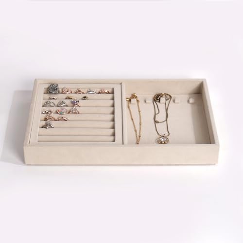 La Trove Velvet Jewelry Organizer Tray for Drawer | Ring & Chain Storage Display Holder for Earrings, Rings, Necklaces & Accessories | Wardrobe & Dresser Organizer | Cream - Image 2
