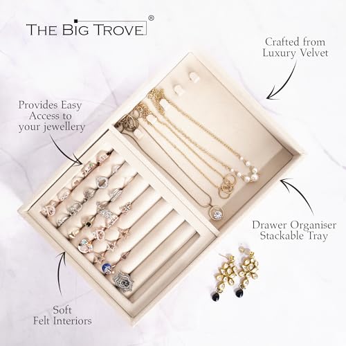 La Trove Velvet Jewelry Organizer Tray for Drawer | Ring & Chain Storage Display Holder for Earrings, Rings, Necklaces & Accessories | Wardrobe & Dresser Organizer | Cream - Image 4