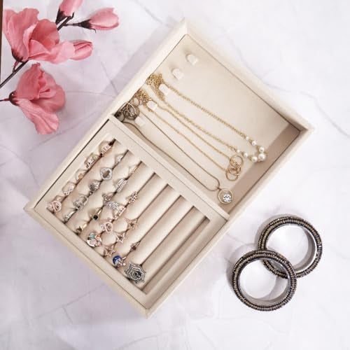 La Trove Velvet Jewelry Organizer Tray for Drawer | Ring & Chain Storage Display Holder for Earrings, Rings, Necklaces & Accessories | Wardrobe & Dresser Organizer | Cream - Image 1
