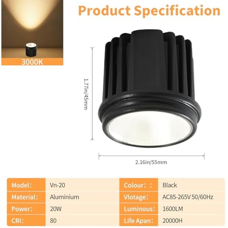 V.nice 6pcs 20W LED Downlight Module – Warm White 3000K, Replaceable Spotlight Core, 1600LM Aluminium Housing, Ceiling Recessed Surface Pendant Mount - Black - Image 2